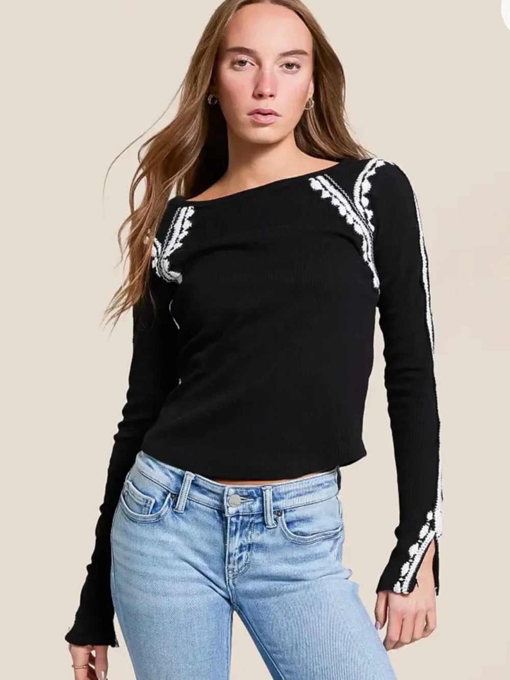 Free People Lost Love Top Black Combo Ribbed Cotton Lace Trim Small